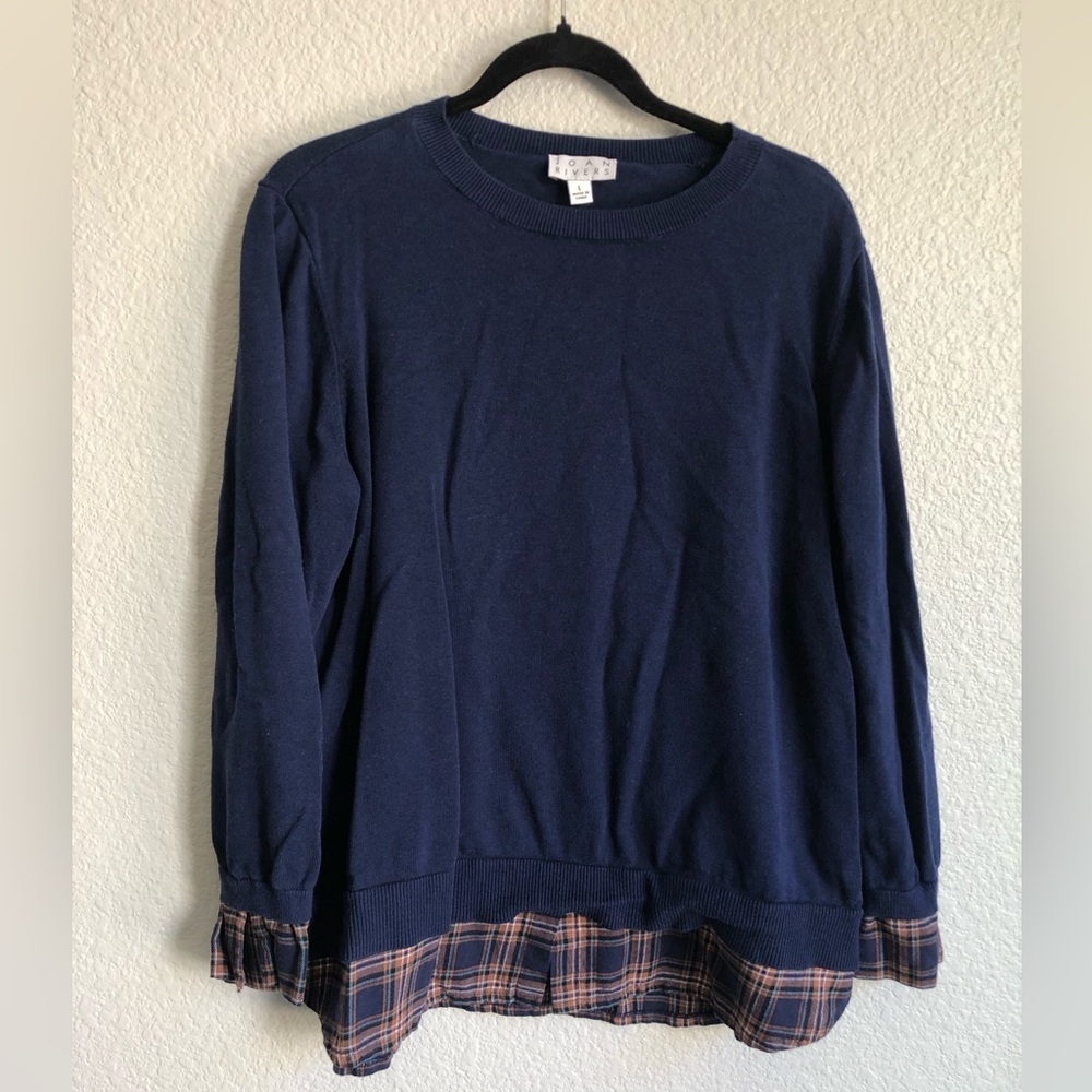 Joan Rivers large navy blue long sleeve with plaid trim preppy career top blouse